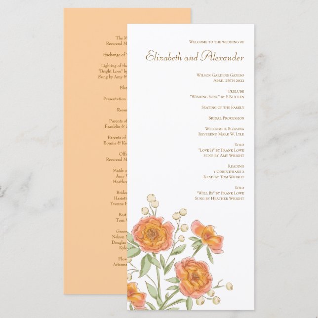 Orange Rose Wedding Programs Meny (Fram/baksida)