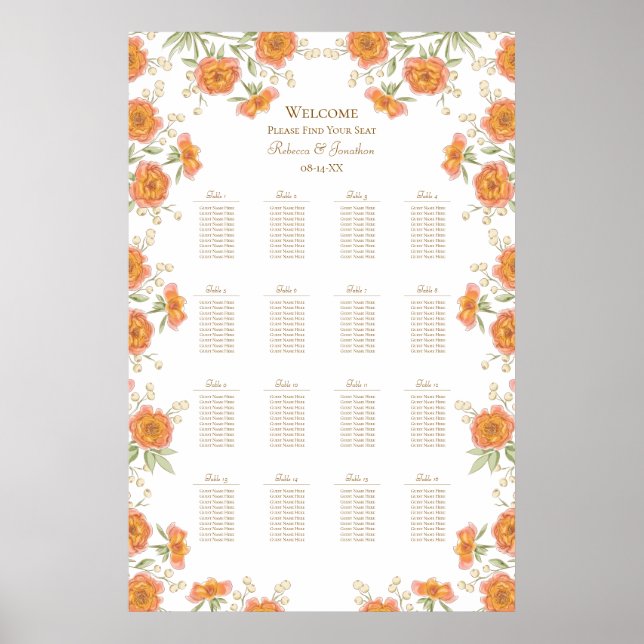 Orange Rose Wedding Seating Chart Poster (Framsidan)