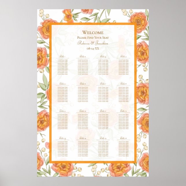 Orange Rose Wedding Seating Chart Poster (Framsidan)