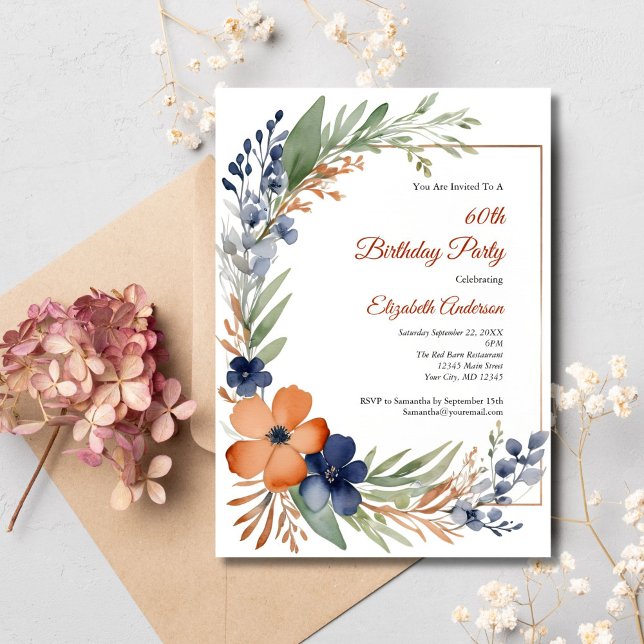 Orange Rost Blå Akvarell Blommig 60-årsdag  Inbjudningar (Rust Orange Blue Florals with Greenery Watercolor 60th Birthday Invitation for her)