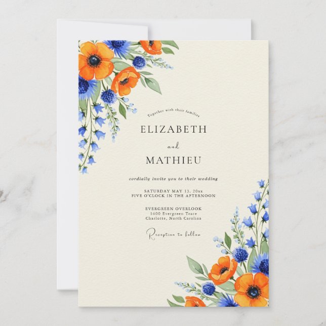 Orange Royal Blue Luminous Wildflower Wedding Inbjudningar (Framsida)