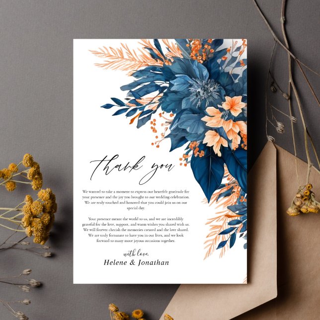 Orange Rust Blommigt Elegant bröllop Tack Kort (Navy Orange Rust Floral Elegant Wedding Thank You Card)