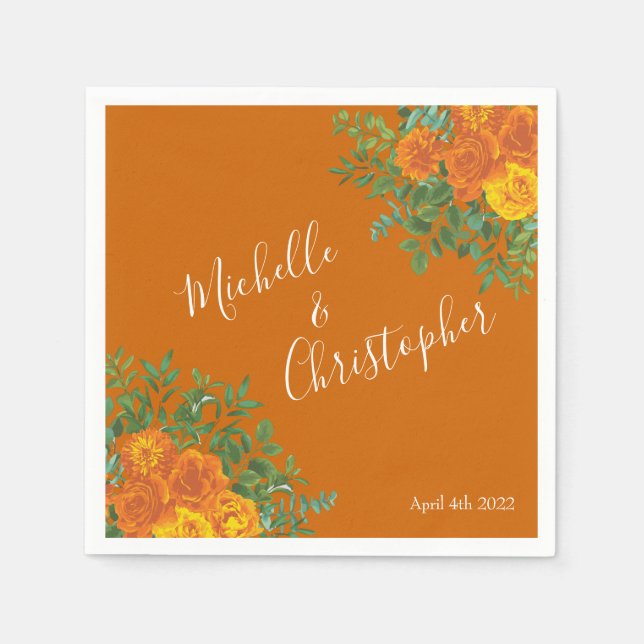 Orange & Rust Fall Peony & Ro Blommigt Bröllop Pappersservett (Framsidan)