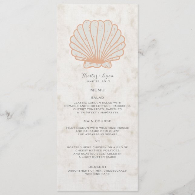 Orange Rustic Seashell Bröllop Menu Meny (Framsida)