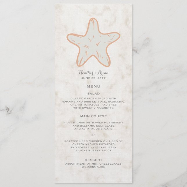 Orange Rustic Starfish Bröllop Menu Meny (Framsida)