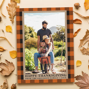 Orange Rutig Familjefoto Kraft Glad Thanksgiving Vykort