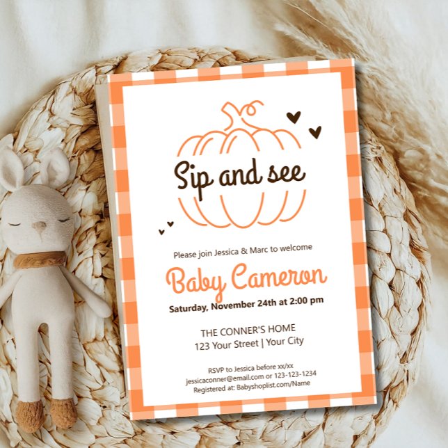 Orange Rutig Höstpumpa Sippa och Se Möteshälsning Inbjudningar (Skapare uppladdad)
