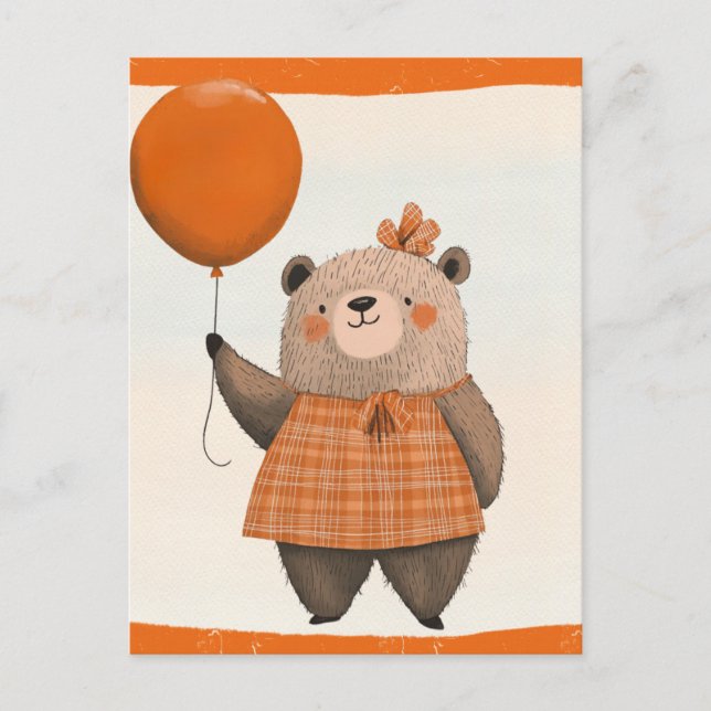 Orange Rutig Klänning Björn med Hårband Vykort (Framsida)