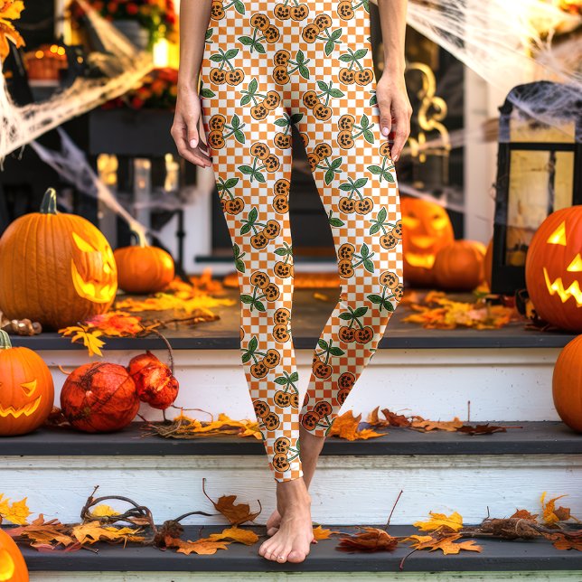 Orange Rutiga Körsbärspumpor Mönster Leggings (Skapare uppladdad)
