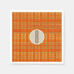 Orange Rutigt Mönster & Brun Kraft Rustik Monogram Pappersservett