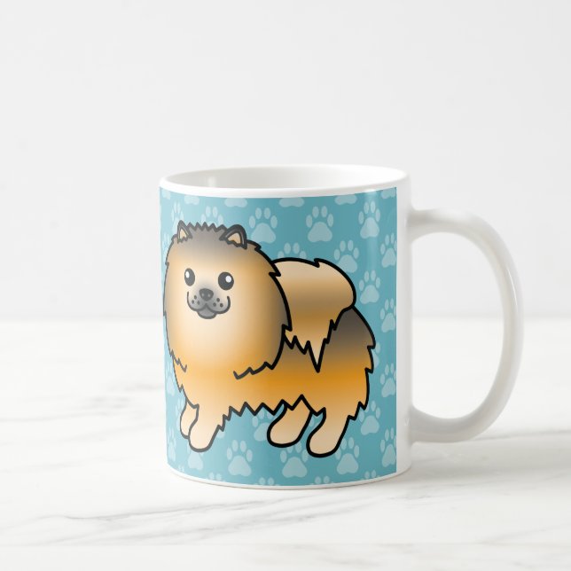 Orange Sable Glada Pomeranian Hundar På Blå Kaffemugg (Höger)