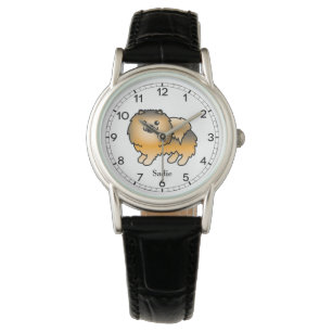 Orange Sable Pomeranian Söt Tecknad Hund & Namn Armbandsur