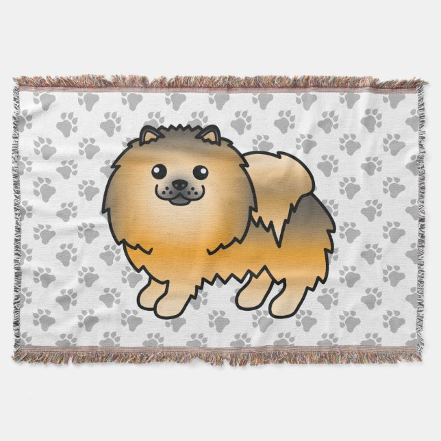Orange Sable Pomeranian Söt Tecknad Hund & Tassar Filt (Framsidan)