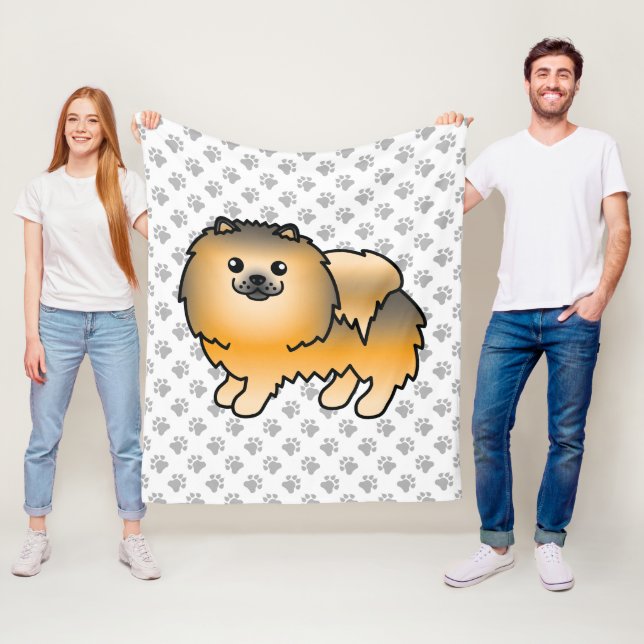 Orange Sable Pomeranian Söt Tecknad Hund & Tassar Fleecefilt (På plats)