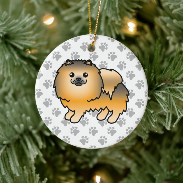 Orange Sable Pomeranian Söt Tecknad Hund & Tassar Julgransprydnad Keramik (Träd)