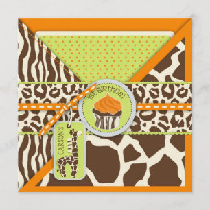 Orange Safari Giraffe & Cupaka Första födelsedagen Inbjudningar