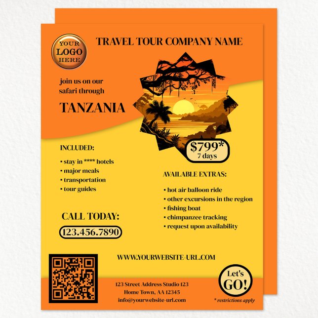 Orange Safari Travel Template Reklamblad (A bright orange on custom background color travel agency flyer with your logo and photo)