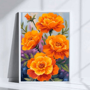 Orange sammetsblommor Oktober Blomma Vattenfärg Poster