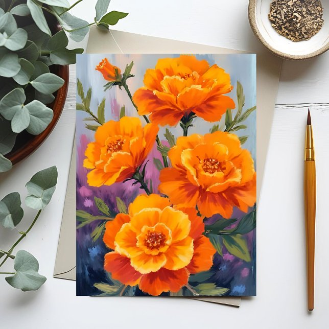 Orange sammetsblommor | Oktober Blomma Vattenfärg Vykort (Skapare uppladdad)