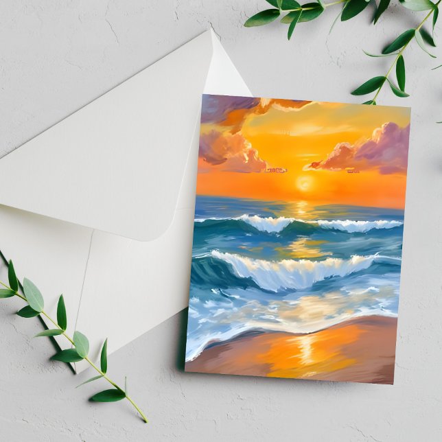 Orange Sea Sunset Watercolor Ocean Painted Card (Skapare uppladdad)