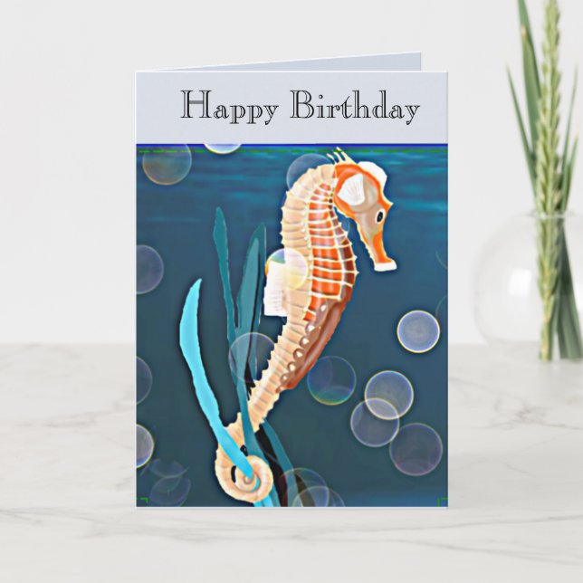Orange Seahorse mot havet med bubblekort Kort (Framsida)