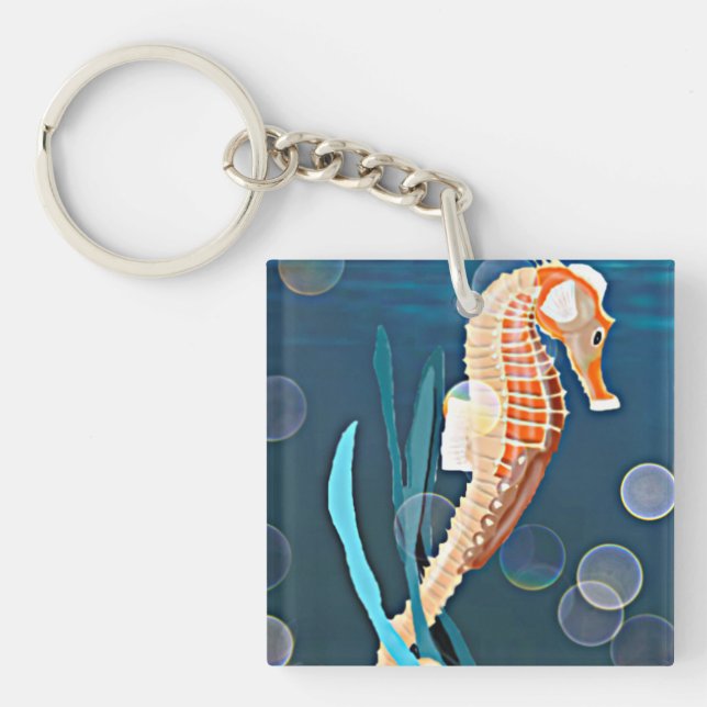 Orange Seahorse mot havet med bubblor (Framsidan)