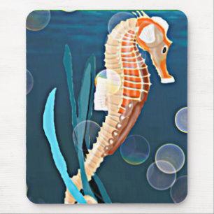 Orange Seahorse mot havet med bubblor Musmatta