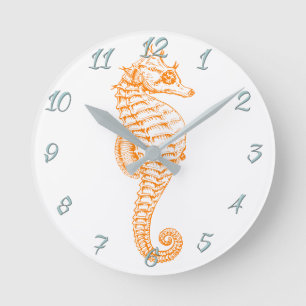 Orange Seahorse Rund Klocka