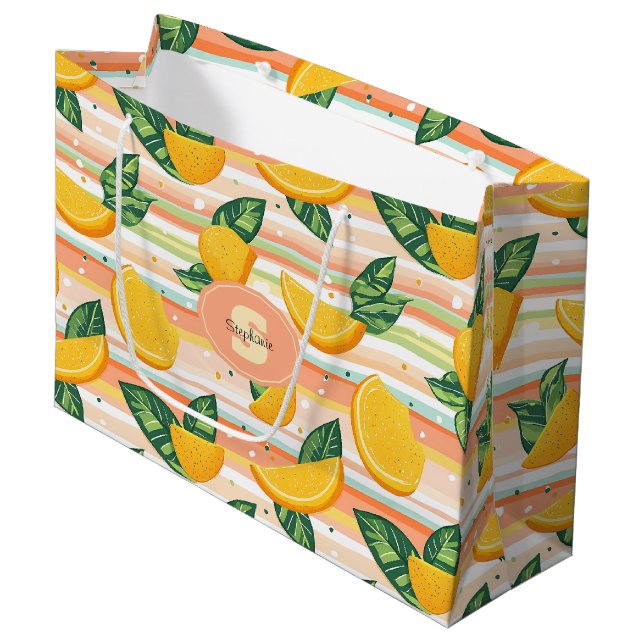Orange Segce Mönster med Grönt Löv på Pastel (Framsidan Vinklad)