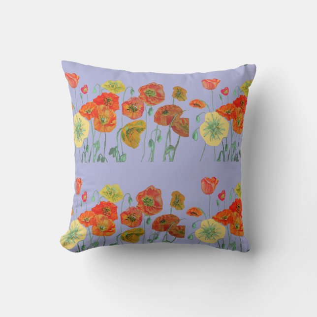 Orange Shabby Poppy Blommigt Pastel Lila Lilac Kudde (Framsida)
