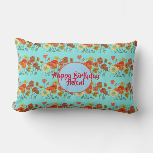 Orange Shabby Poppy Flowers Lumbar Cushion Aqua Lumbarkudde (Framsida)