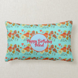 Orange Shabby Poppy Flowers Lumbar Cushion Aqua Lumbarkudde