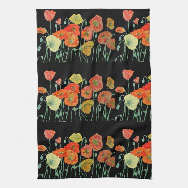 Orange Shabby Poppy Watercolor Tea Towel Black Kökshandduk (Vertikal)