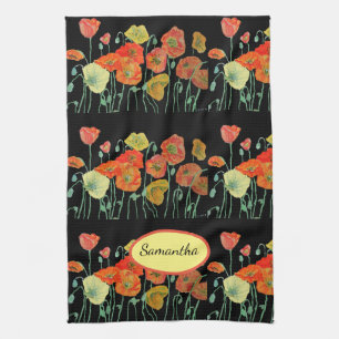 Orange Shabby Poppy Watercolor Tea Towel Black Kökshandduk