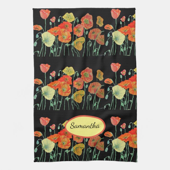 Orange Shabby Poppy Watercolor Tea Towel Black Kökshandduk (Vertikal)