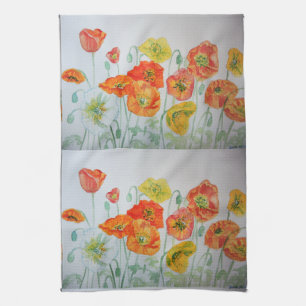 Orange Shabby Poppy Watercolor Tea Towel Kökshandduk
