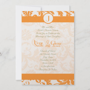 Orange Sherbert Damask Monogram bröllopsinbjudan Inbjudningar