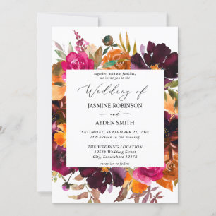 Orange, Shock rosa och Lila Fall Blommigt 2 Bröllo Inbjudningar