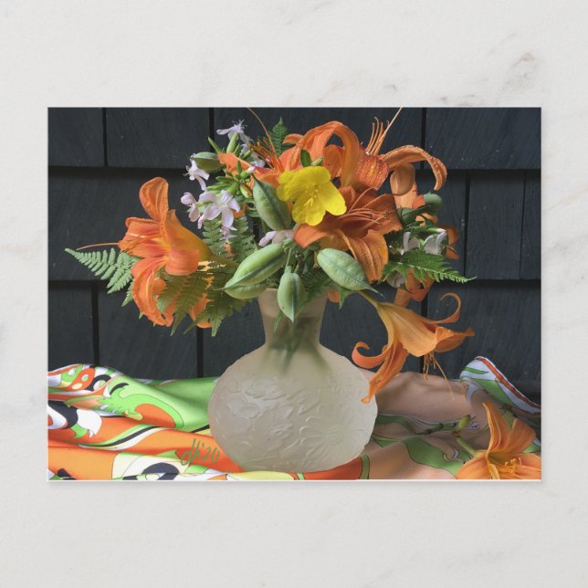 Orange silke scarf Blommigt still Life Vykort (Framsida)