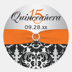 Orange, Silver, Black Damask Quinceanera Sticker Runt Klistermärke