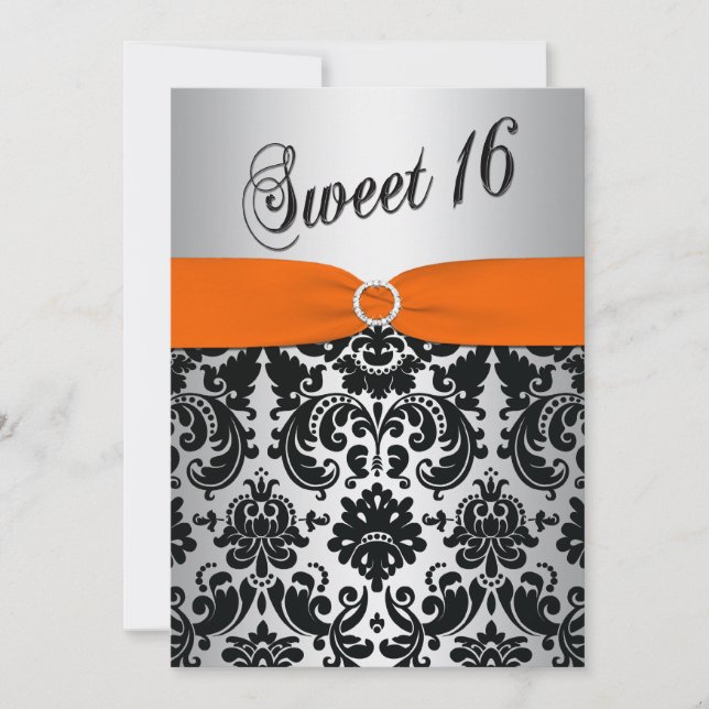 Orange, Silver, Black Damask Sweet 16 inbjudningar (Framsida)