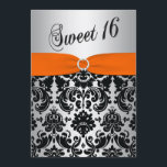 Orange, Silver, Black Damask Sweet 16 inbjudningar<br><div class="desc">Den här eleganten och den moderna orangen, silver och den svarta dammen, söta 16-inbjudan har en tryckt på ett band med orange och en juvelbrosch på den. Den kan anpassas för andra firande, t.ex. för en Quinceanera, Bat mitzvah eller andra händelser som kräver en klassinbjudan. Om du behöver matchande objekt,...</div>