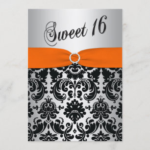 Orange, Silver, Black Damask Sweet 16 inbjudningar