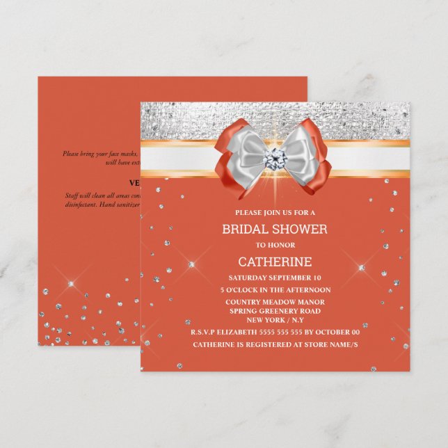 Orange silver glitter spets elegant chic glans  inbjudningar (Fram/baksida)