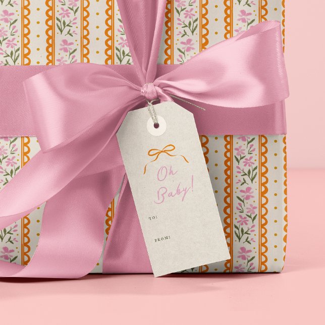 Orange Simple Bow Pink Oh Baby Presentetikett (Oh Baby gift tag with orange bow illustration)
