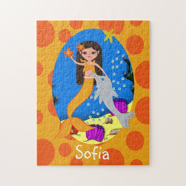 Orange Sjöjungfru i oceanen med delfiner Pussel (Vertikal)