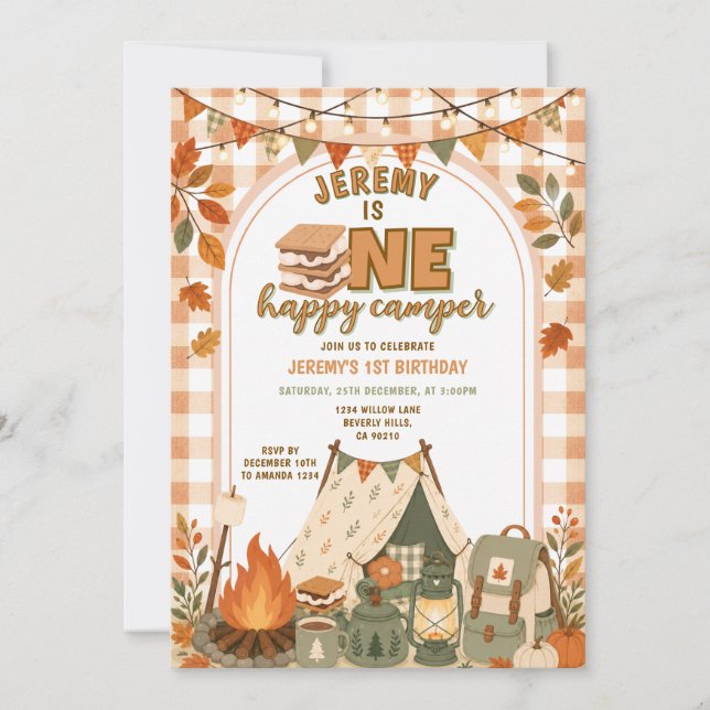 Orange S'mores Camping Pojke Campare Party Gingham Inbjudningar (Framsida)