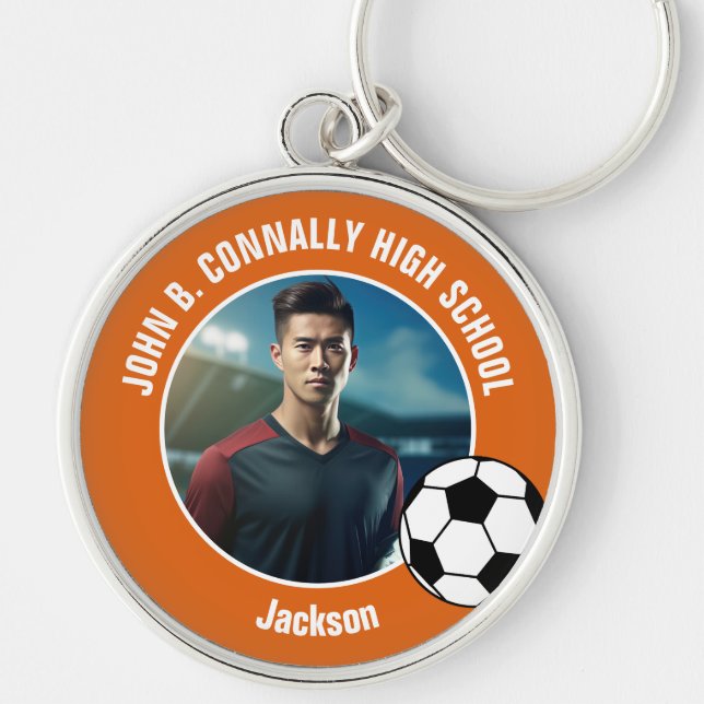 Orange Soccer Player Photo High School Rund Silverfärgad Nyckelring (Framsidan)