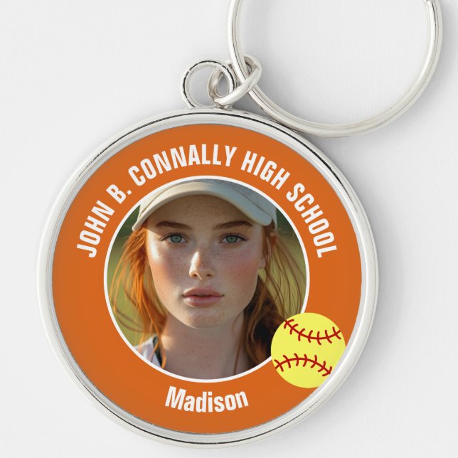 Orange Softball Player Photo High School Keepsake Rund Silverfärgad Nyckelring (Framsidan)