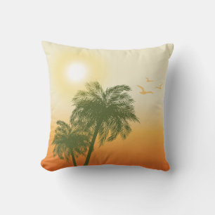 Orange Sol Och Gröna Palmträd Tropisk Sommar Kudde
